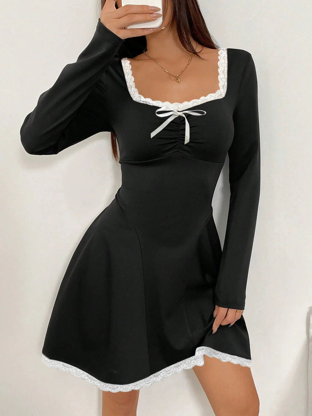 ZARA New Winter Chic Short Sleeve Contrast Front Tie Lace Collar Low Cut Dress